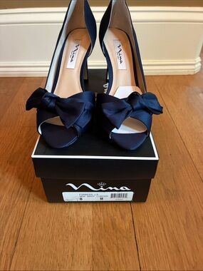 Nina Forbes 2 Navy Satin Bow Peep-Toe Heels